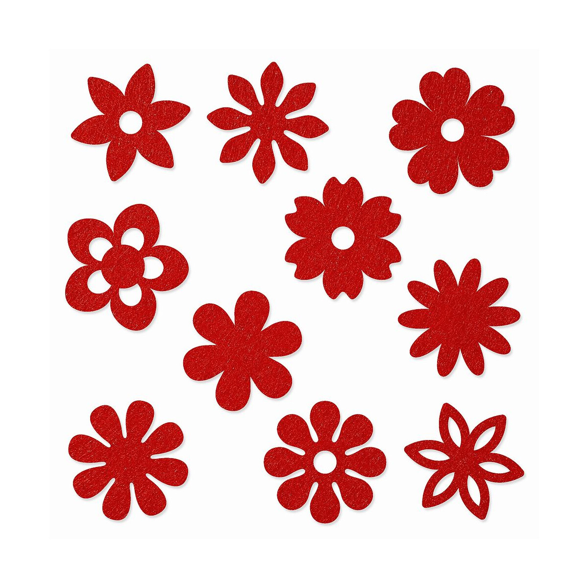 FILZ Blumen 10er Set in 10 Formen 8 cm - mohnrot