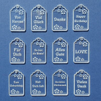 Geschenkanhänger Label mit Blume & Gravur Glückwünsche - 12 Stück 4 cm Acrylglas