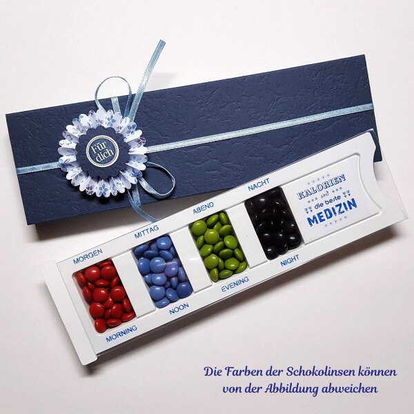 Geschenkverpackung Pillenbox mit Schokolinsen 02 - dunkelblau