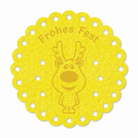 FILZ Untersetzer mit Gravur Elch - Frohes Fest  rund 12 cm - gelb