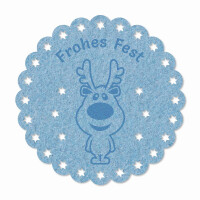 FILZ Untersetzer mit Gravur Elch - Frohes Fest  rund 12 cm - hellblau