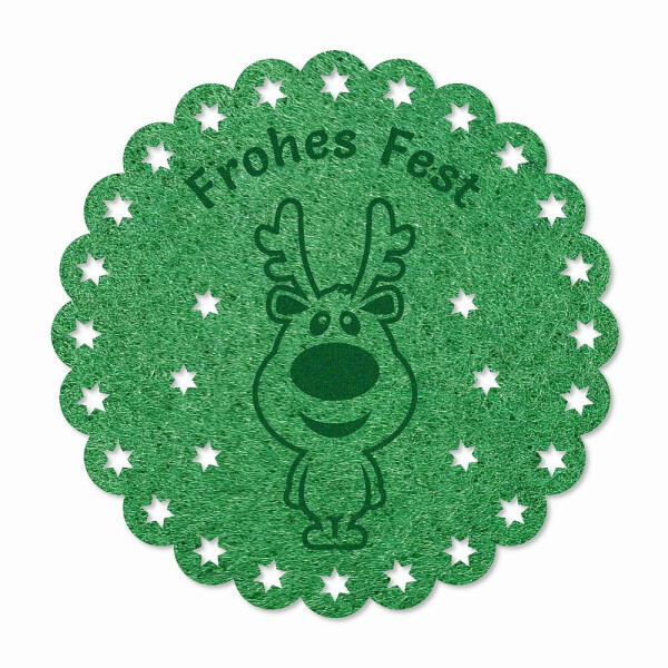 FILZ Untersetzer mit Gravur Elch - Frohes Fest  rund 12 cm -  tannengrün