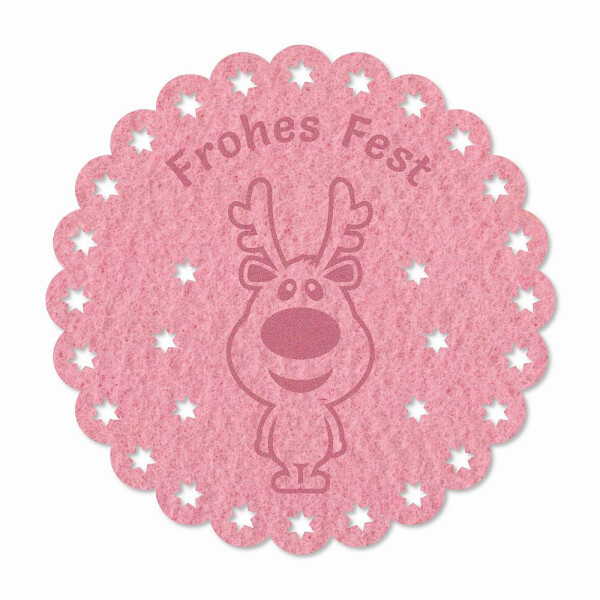 FILZ Untersetzer mit Gravur Elch - Frohes Fest  rund 12 cm - rosé