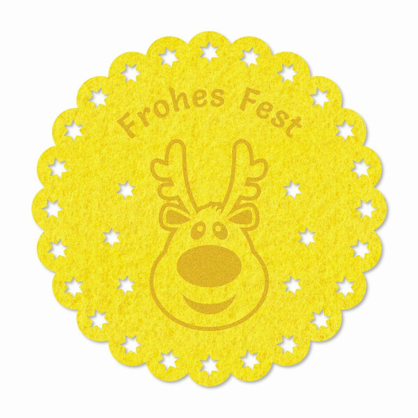 FILZ Untersetzer mit Gravur Elchkopf - Frohes Fest rund 12 cm - gelb