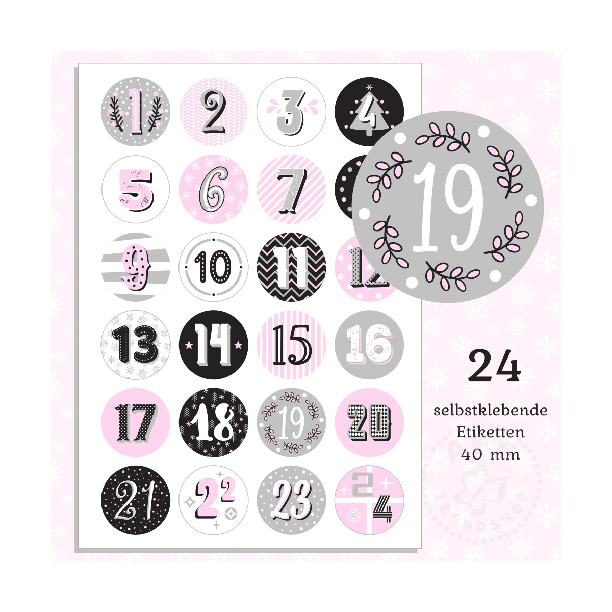 24 Aufkleber 40 mm für Adventskalender Zahlen 1-24 rosa