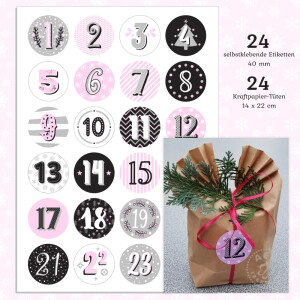 Adventskalender zum Befüllen 24 Tüten & 24 Aufkleber Zahlen rosa