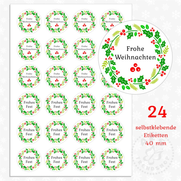 24 Aufkleber 40 mm Frohe Weihnachten / Frohes Fest