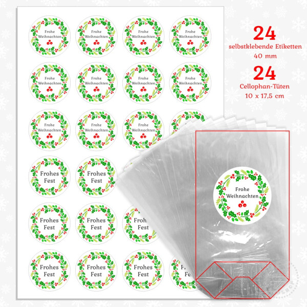 24 Aufkleber & 24 Cellophanbeutel Frohe Weihnachten / Frohes Fest