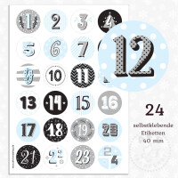 24 Aufkleber 40 mm für Adventskalender Zahlen 1-24 blau