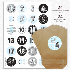 Adventskalender zum Befüllen 24 Tüten & 24 Aufkleber Zahlen blau