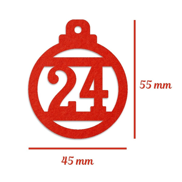 24 FILZ Anhänger Kugel Adventskalender Zahlen 1-24 Farbauswahl