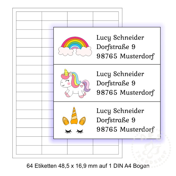 64 Adressaufkleber 48,5 x 16,9 mm Motiv Einhorn