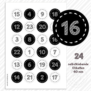 24 Aufkleber 40 mm für Adventskalender Zahlen 1-24...