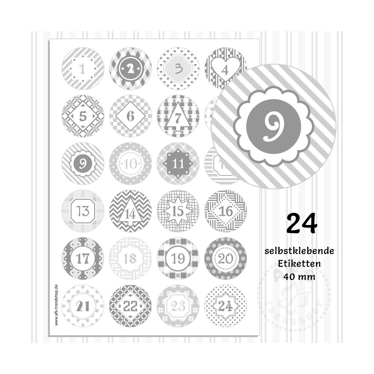 24 Aufkleber 40 mm für Adventskalender Zahlen grau