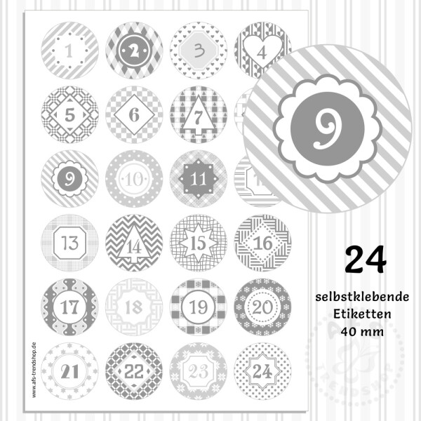 24 Aufkleber 40 mm für Adventskalender Zahlen grau