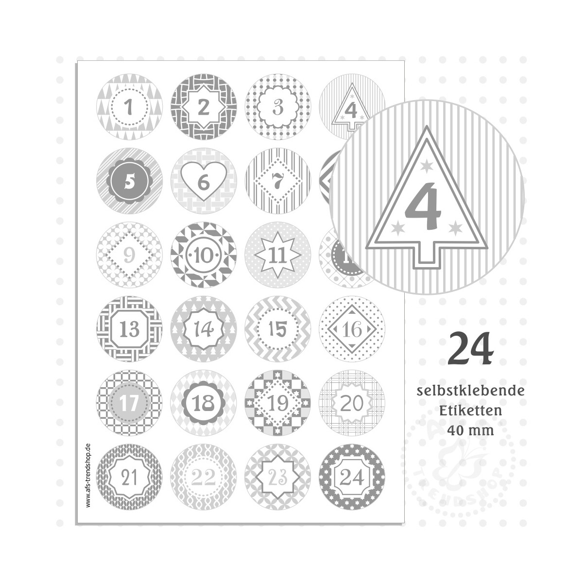 24 Aufkleber 40 mm für Adventskalender Zahlen 1-24 grau
