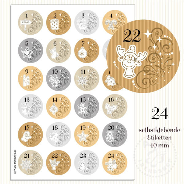 24 Aufkleber 40 mm für Adventskalender Zahlen 1-24 grau-braun