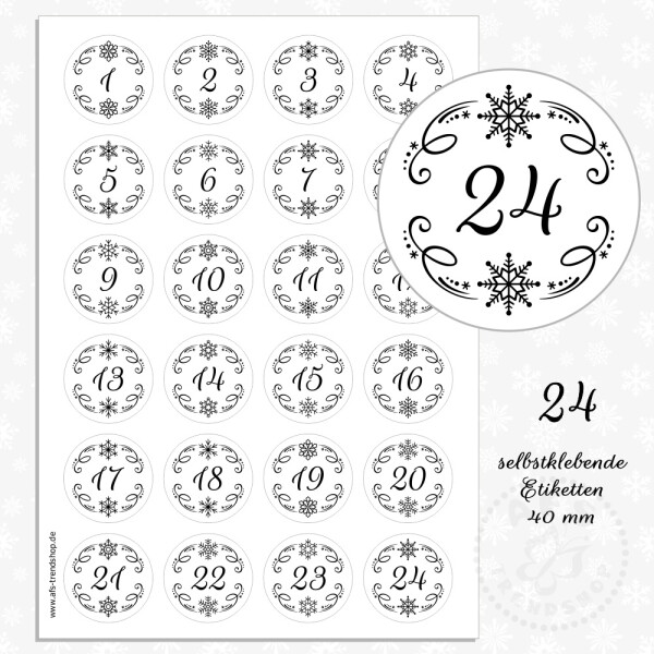 24 Aufkleber 40 mm für Adventskalender Zahlen mit Schneeflocke