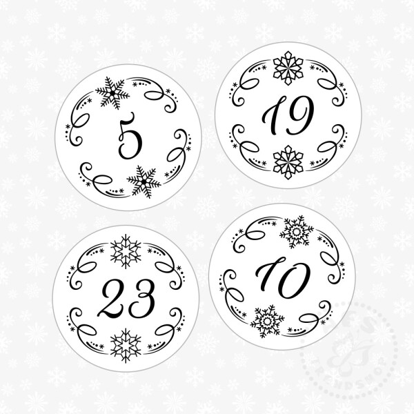 24 Aufkleber 40 mm für Adventskalender Zahlen mit Schneeflocke