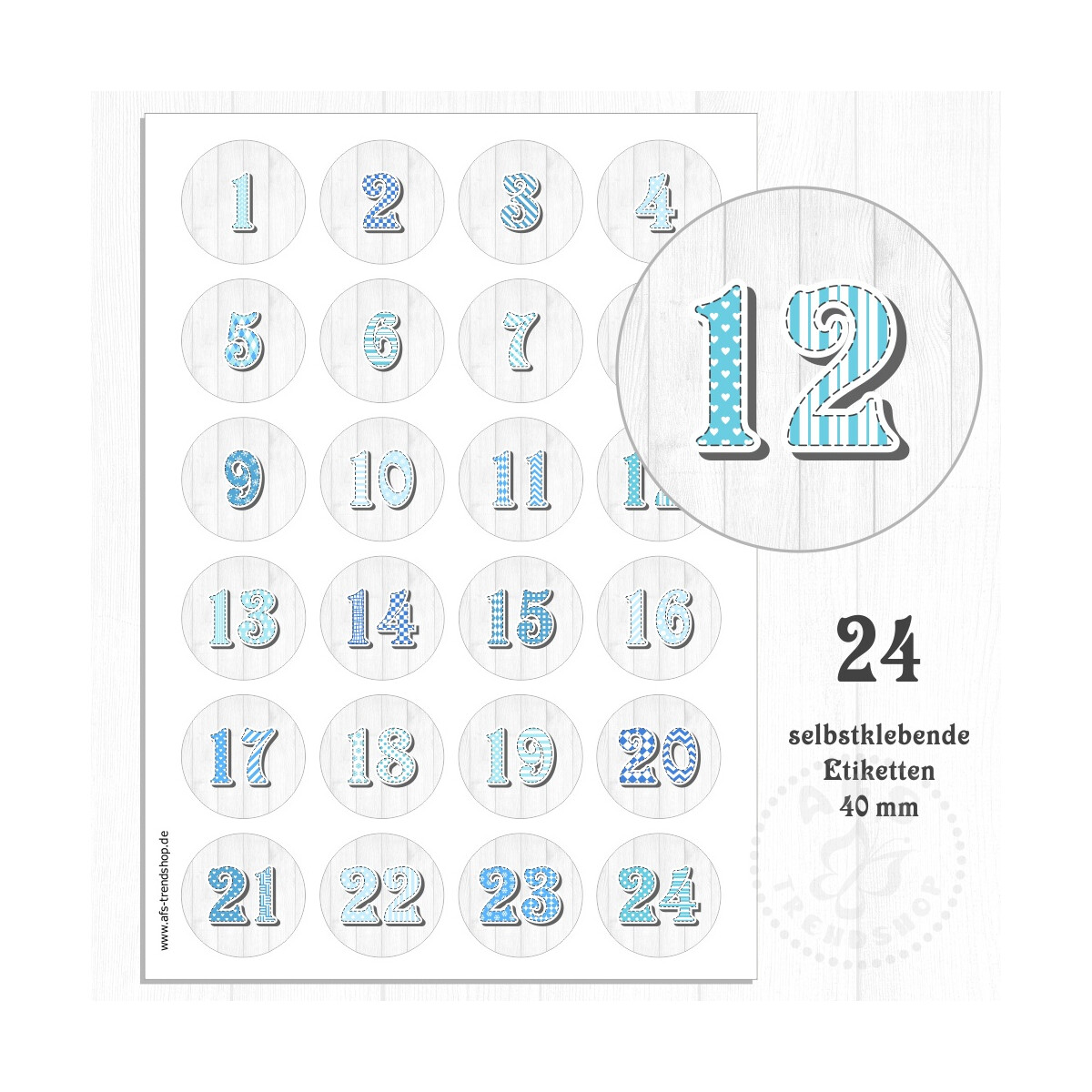 24 Aufkleber 40 mm für Adventskalender Zahlen (no.22)