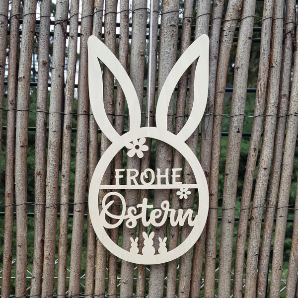 Fensterbild Frohe Ostern, Osterhase, Osteranhänger Holz